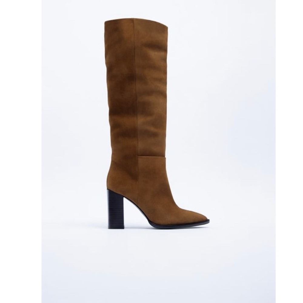 Knee high suede brown heeled boots